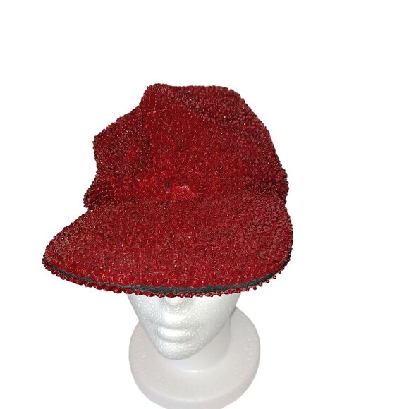 Red Vintage Sassy Sequined & Beaded Glam Newsboy Cabbie Cap Adjustable Casual - Picture 3 of 11